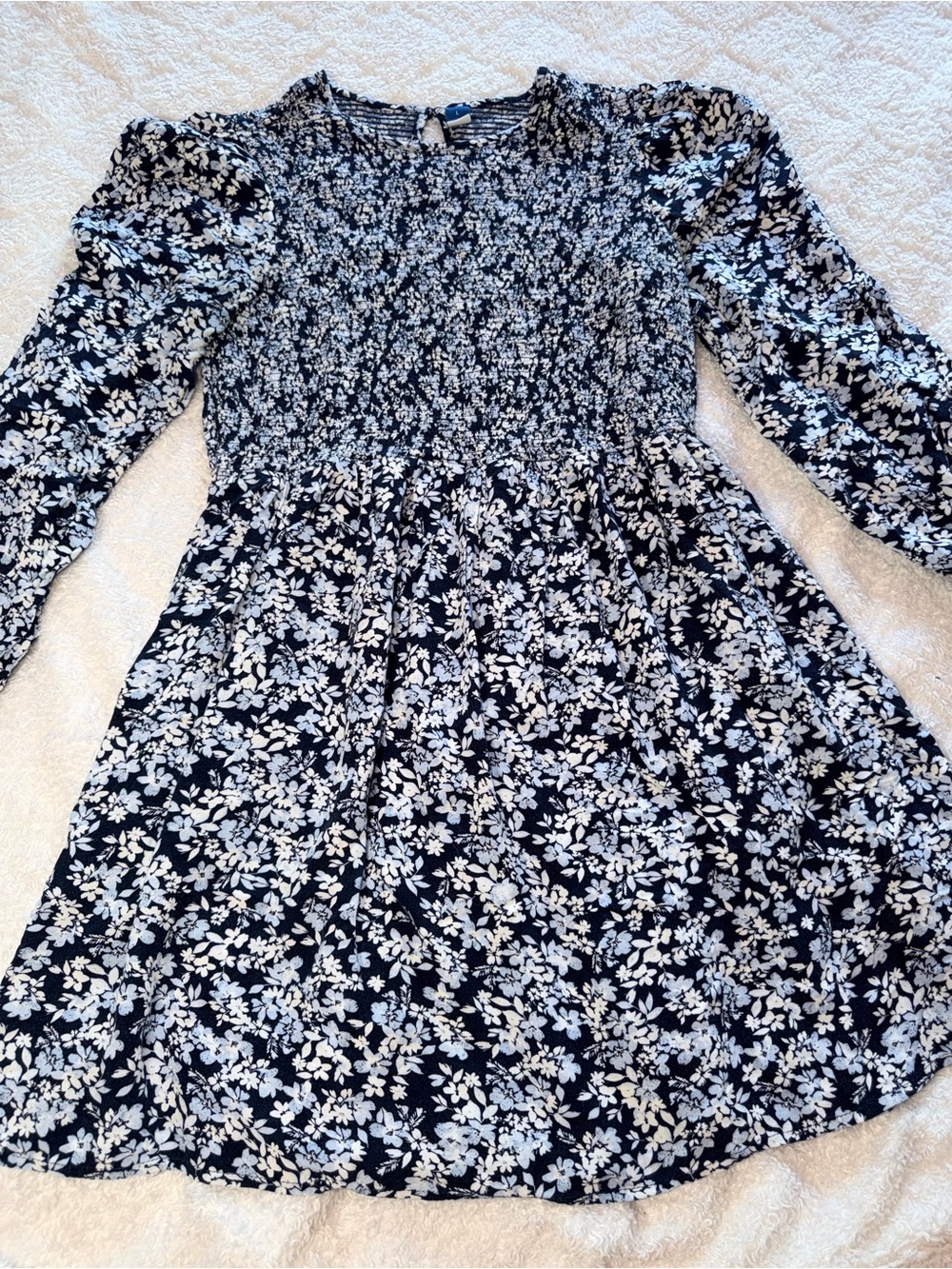Old Navy Floral Smocked Waist Long Sleeve Dress - Navy & White